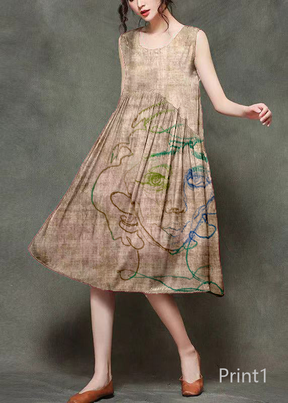 Casual Wine Print4 O-Neck Wrinkled Long Dresses Sleeveless