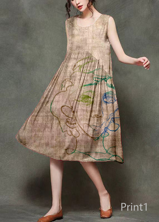 Casual Wine Print1 O-Neck Wrinkled Long Dresses Sleeveless