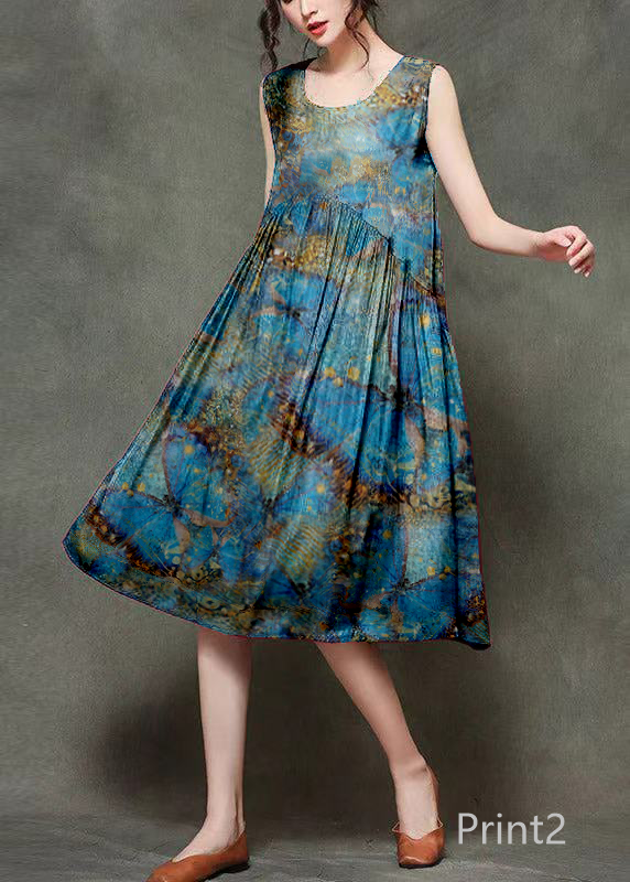 Casual Wine Print6 O-Neck Wrinkled Long Dresses Sleeveless