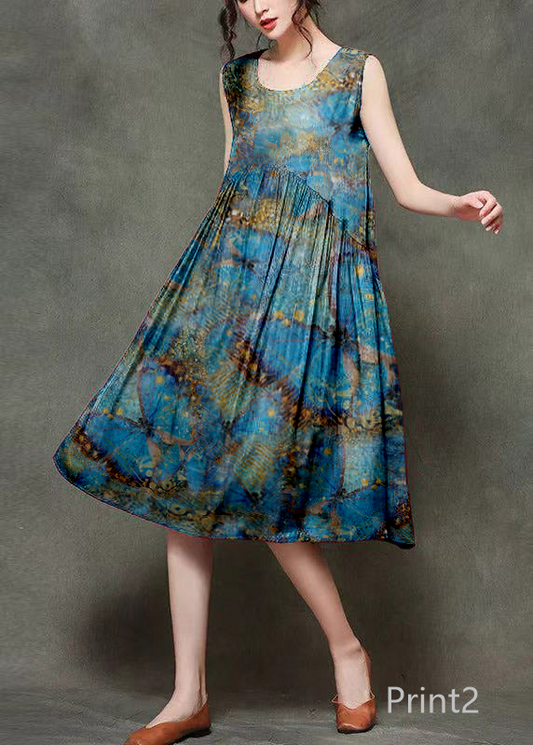 Casual Wine Print2 O-Neck Wrinkled Long Dresses Sleeveless