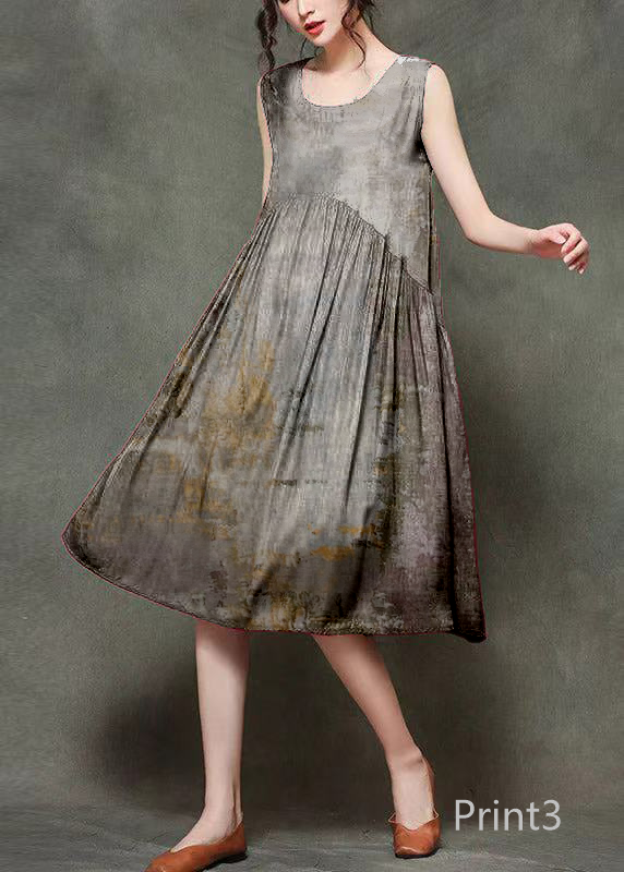 Casual Wine Print3 O-Neck Wrinkled Long Dresses Sleeveless