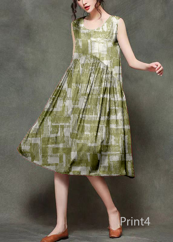 Casual Wine Print1 O-Neck Wrinkled Long Dresses Sleeveless