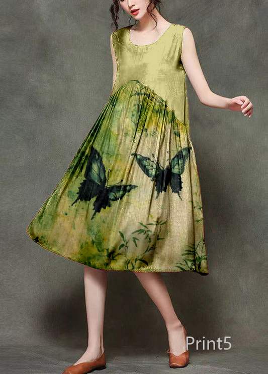 Casual Wine Print5 O-Neck Wrinkled Long Dresses Sleeveless
