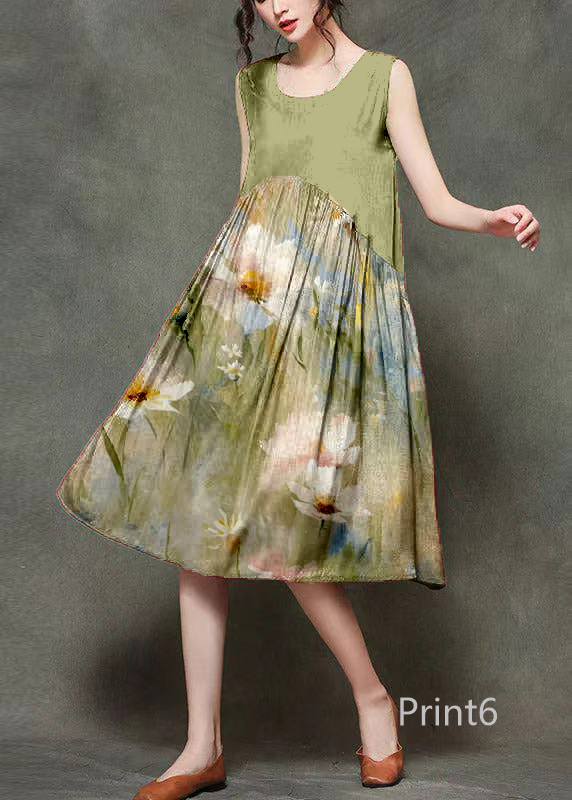 Casual Wine Print3 O-Neck Wrinkled Long Dresses Sleeveless