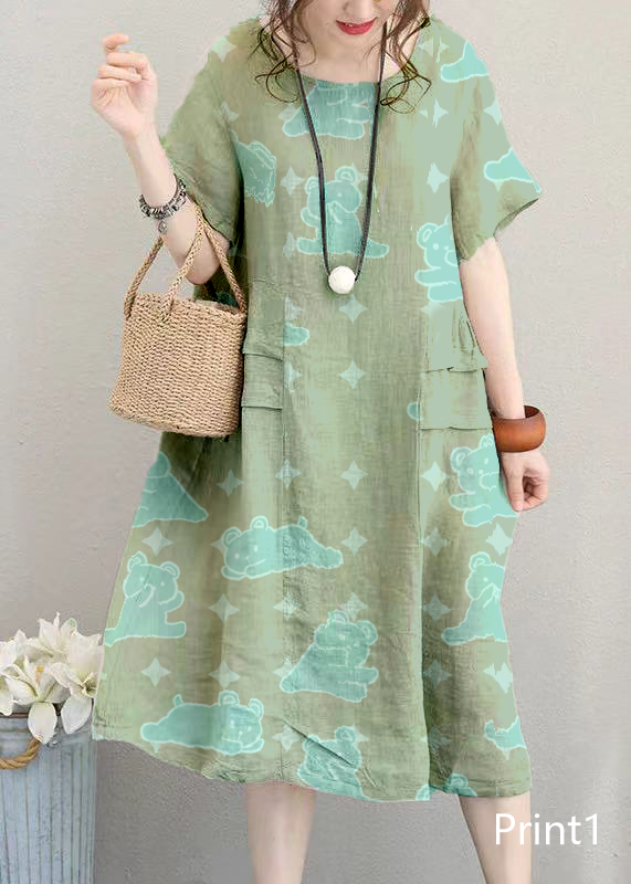 fine Print3 linen dress casual linen clothing dresses women o neck patchwork cotton dress