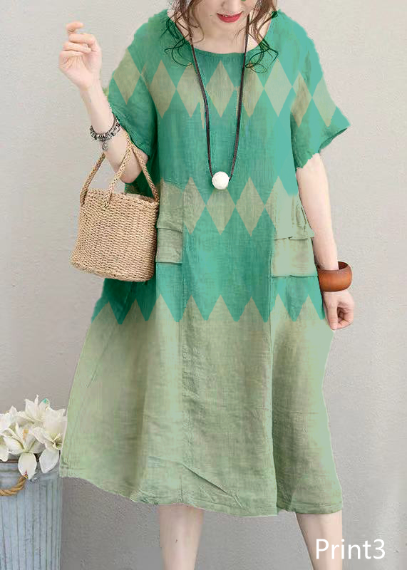 fine Print5 linen dress casual linen clothing dresses women o neck patchwork cotton dress