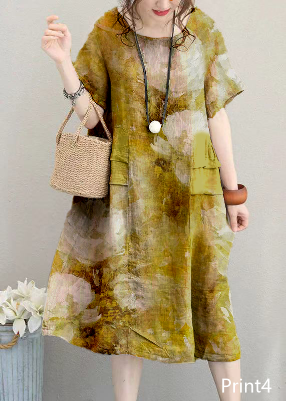 fine Print3 linen dress casual linen clothing dresses women o neck patchwork cotton dress