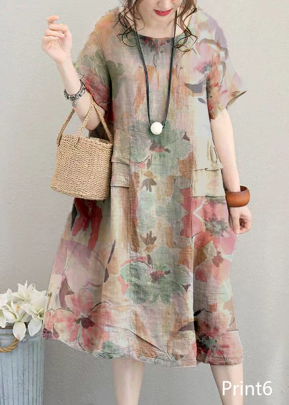 fine Print4 linen dress casual linen clothing dresses women o neck patchwork cotton dress