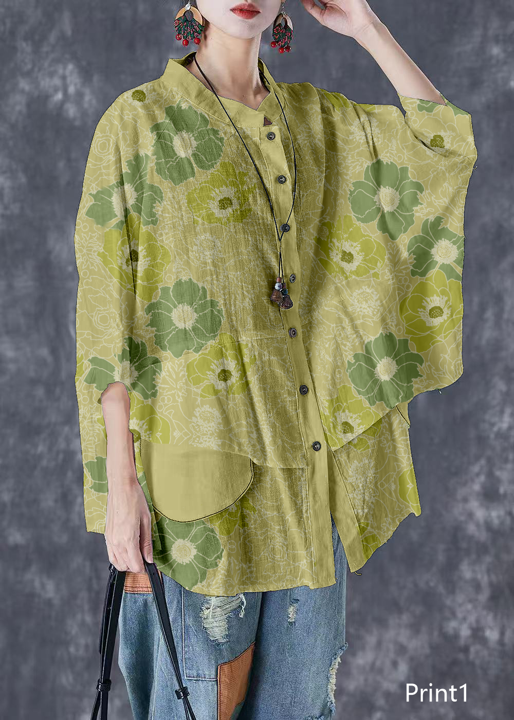 Plus Size Print6 Stand Collar Patchwork Linen Shirt Tops Batwing Sleeve
