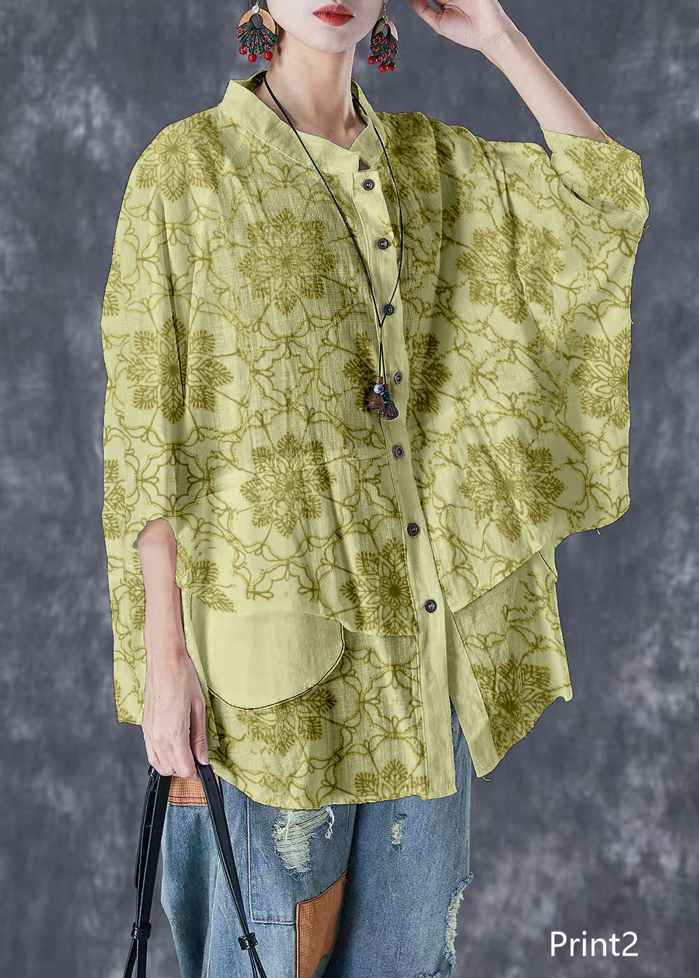Plus Size Print7 Stand Collar Patchwork Linen Shirt Tops Batwing Sleeve