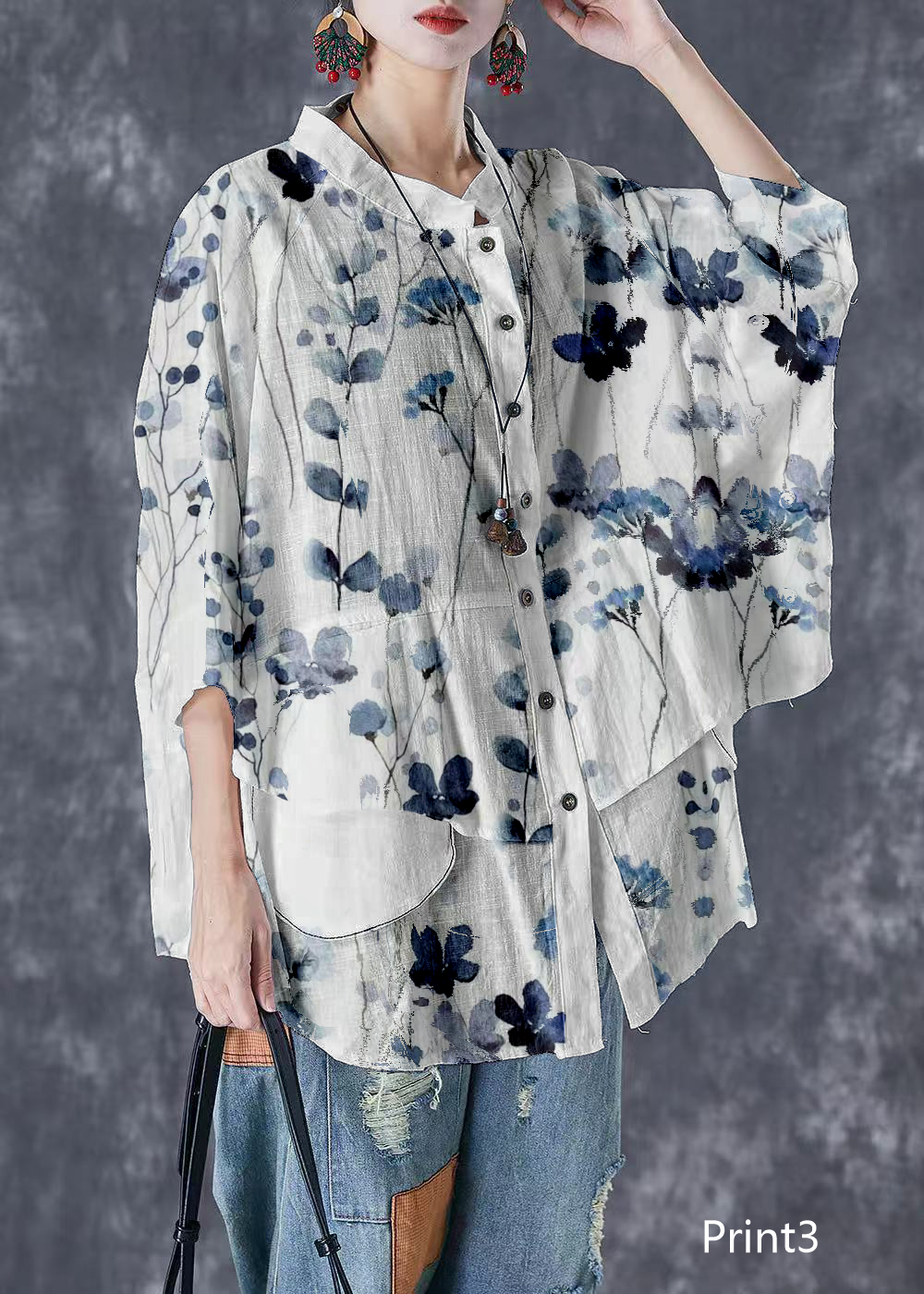 Plus Size Print7 Stand Collar Patchwork Linen Shirt Tops Batwing Sleeve