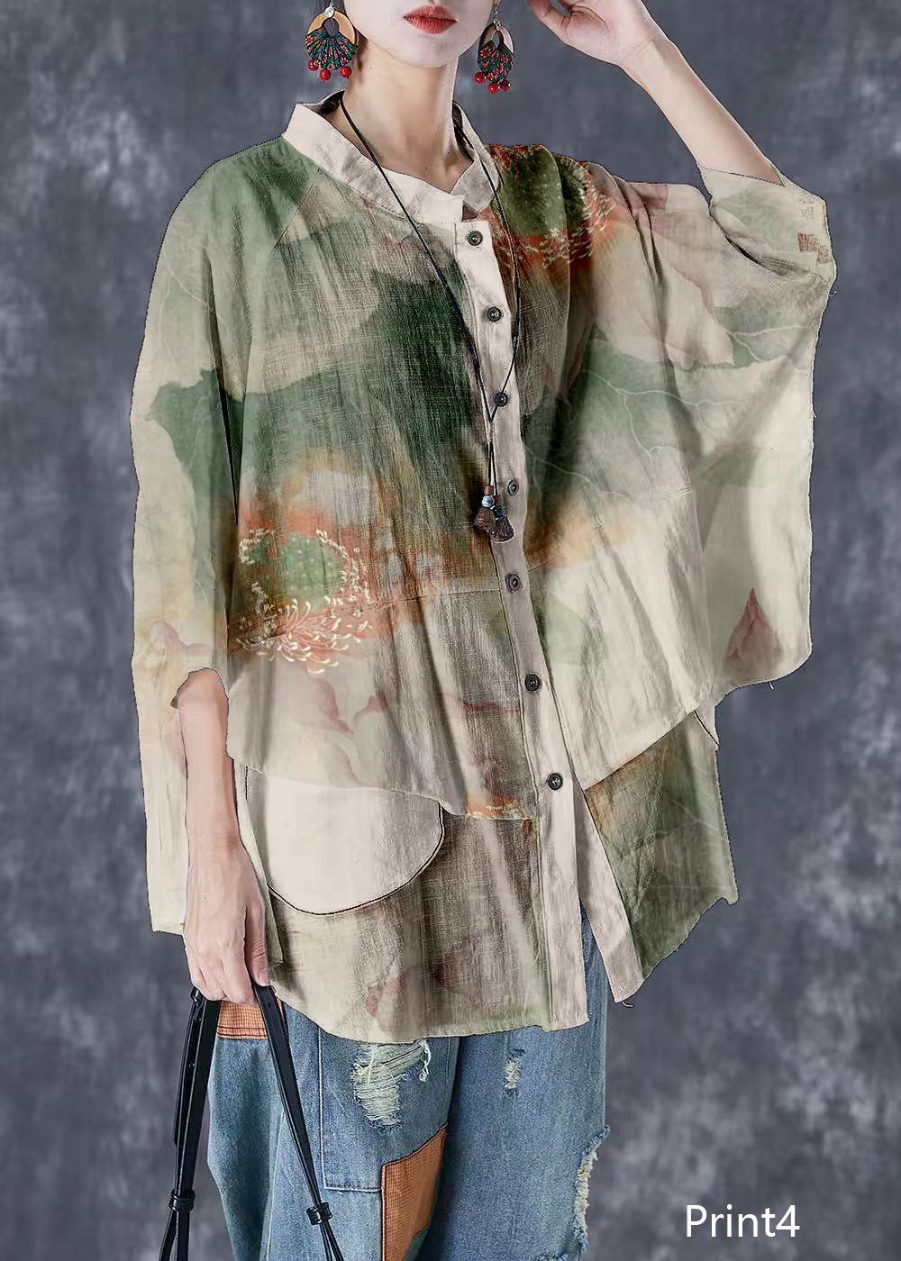 Plus Size Print3 Stand Collar Patchwork Linen Shirt Tops Batwing Sleeve
