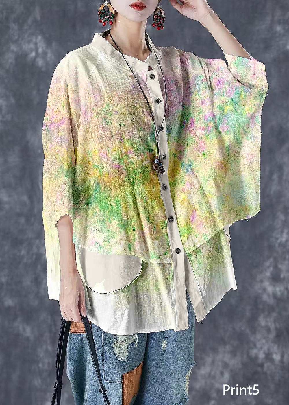 Plus Size Print1 Stand Collar Patchwork Linen Shirt Tops Batwing Sleeve