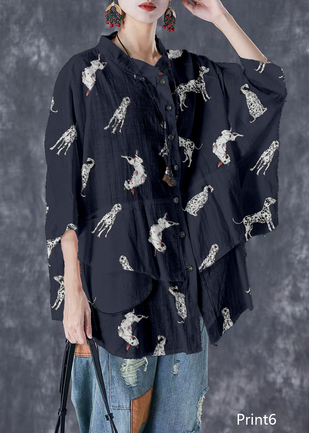 Plus Size Print2 Stand Collar Patchwork Linen Shirt Tops Batwing Sleeve