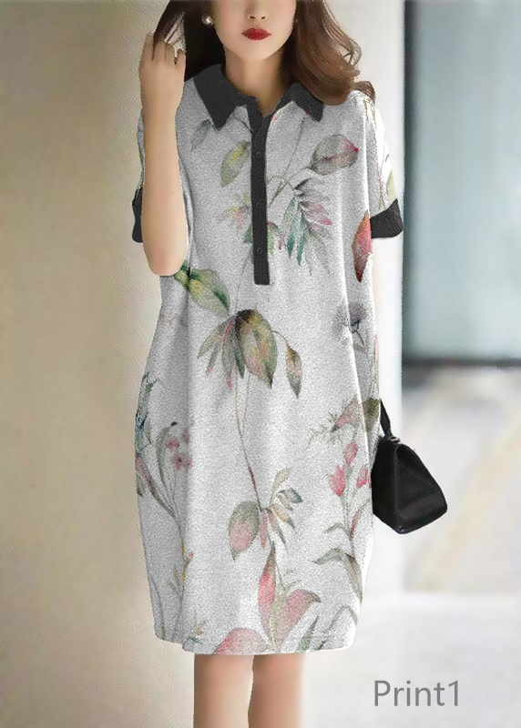 Casual Print1 Peter Pan Collar Button Cotton Maxi Dresses Short Sleeve