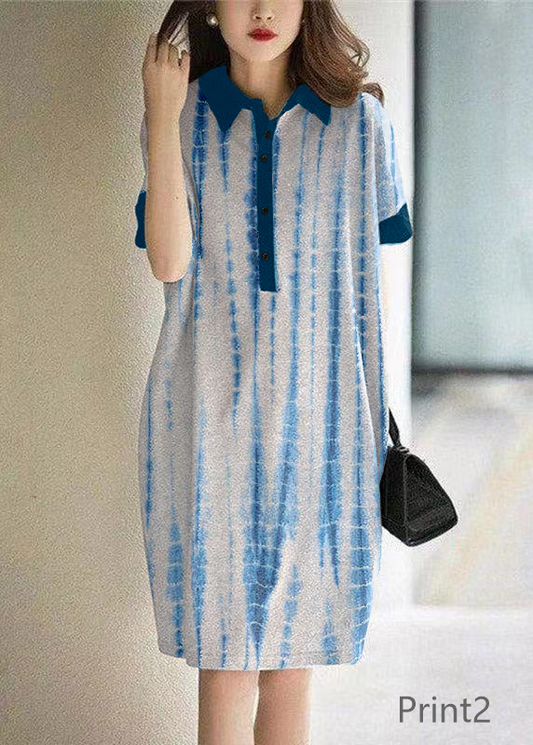Casual Print2 Peter Pan Collar Button Cotton Maxi Dresses Short Sleeve