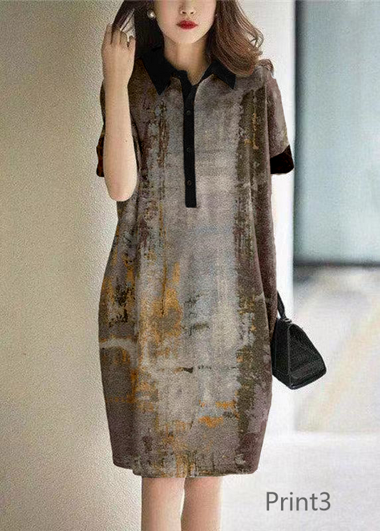 Casual Print3 Peter Pan Collar Button Cotton Maxi Dresses Short Sleeve