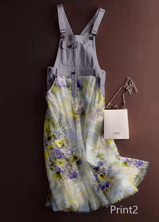 Unique Print2 Tulle Patchwork Denim Strap Dress Summer