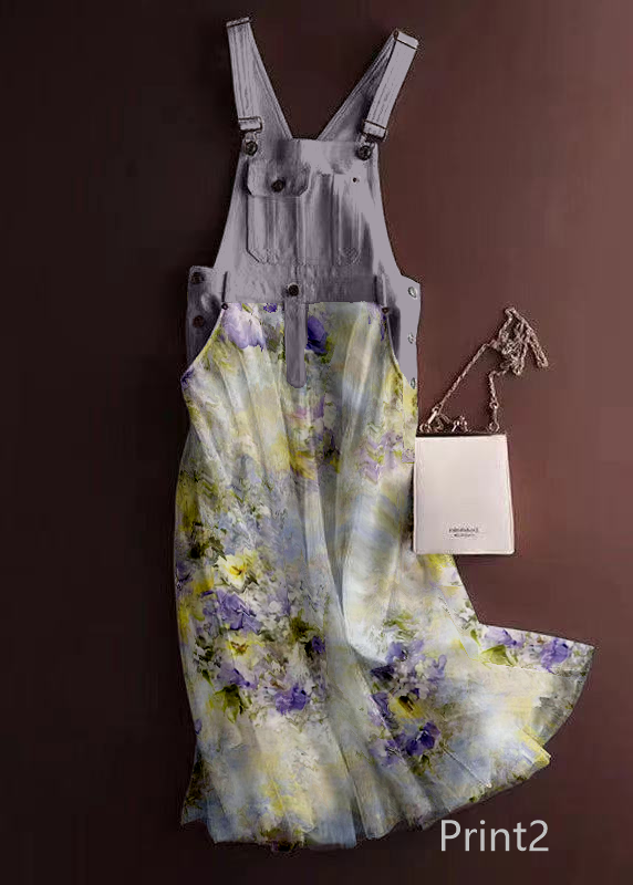 Unique Print3 Tulle Patchwork Denim Strap Dress Summer