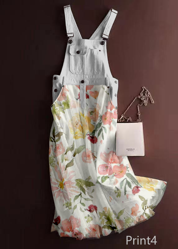Unique Print4 Tulle Patchwork Denim Strap Dress Summer