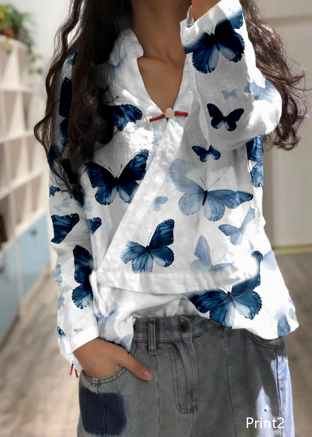 Bohemian Print2 linen Blouse v neck fall top