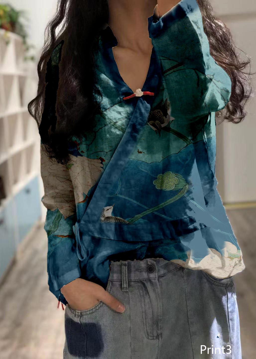 Bohemian Print3 linen Blouse v neck fall top