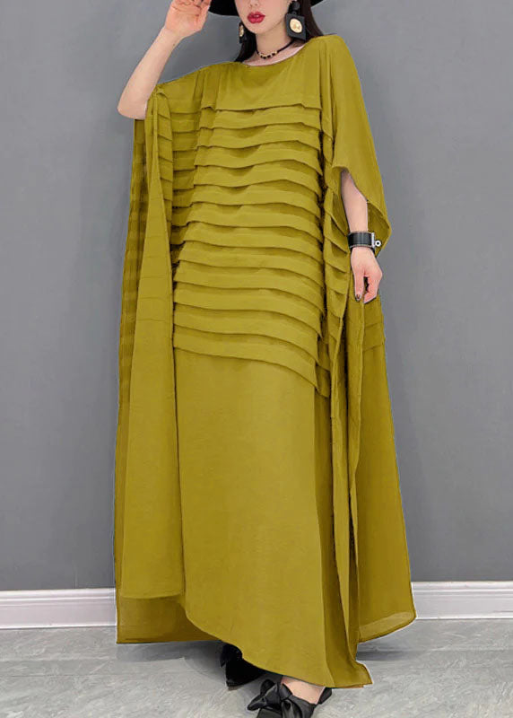 Grace Print1 O-Neck Striped Chiffon Ankle Dress Batwing Sleeve
