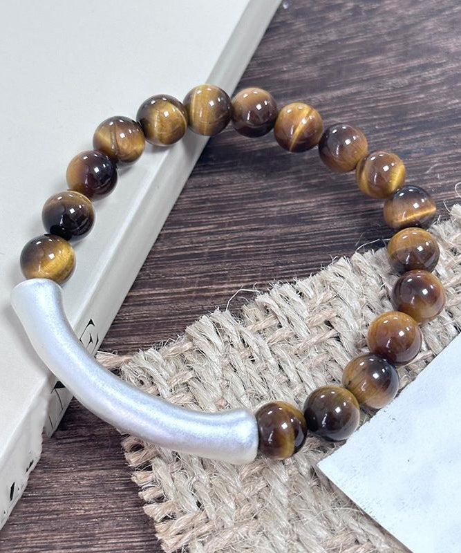 2026 Brown 999 Pure Silver Bend Pipe Patchwork Tiger's Eye Bracelet