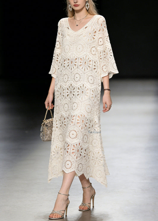 2026 New Apricot V Neck Hollow Out Knit Long Dress Summer