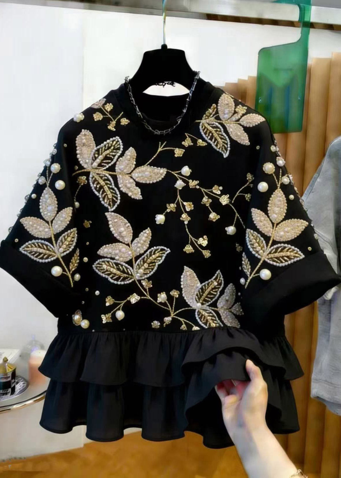 2026 New Black Nail Bead Patchwork T Shirt Short Sleeve
