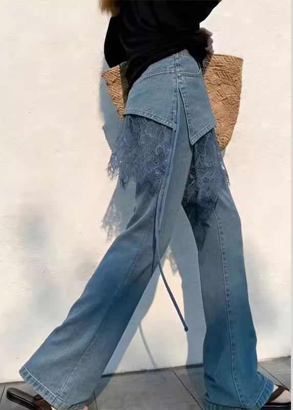 2026 New Blue High Waist Lace Patchwork Straight Jeans Summer