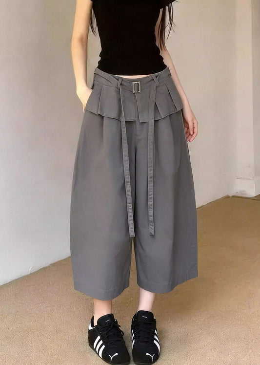2026 New Grey Pockets Patchwork Sashes Crop Pants