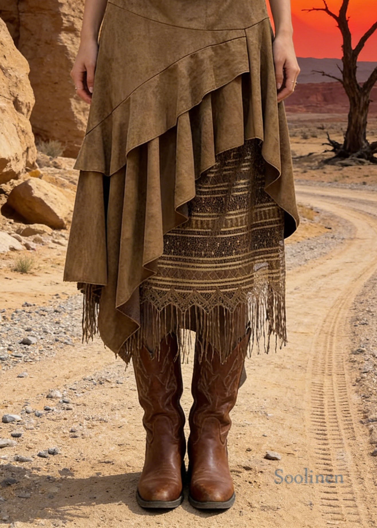2026 New Khaki Asymmetrical Design Faux Suede Skirts Spring