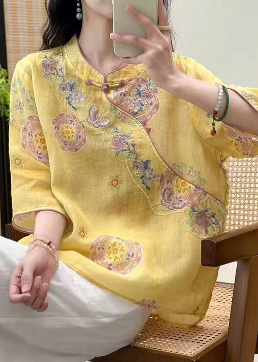 2026 Yellow Stand Collar Patchwork Linen Top Three Quarter Sleeve