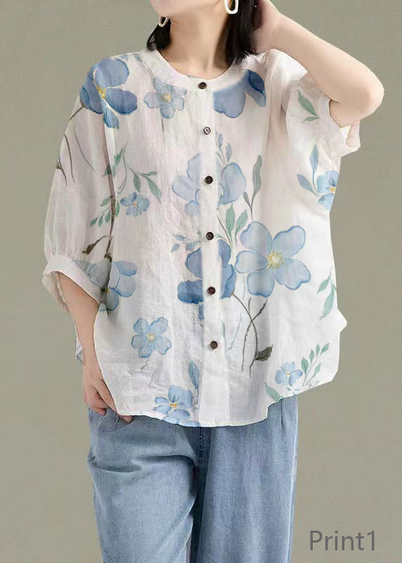 Art Print3 O-Neck Button Linen Loose Shirt Top Lantern Sleeve