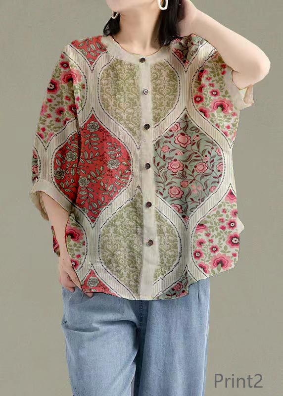 Art Print2 O-Neck Button Linen Loose Shirt Top Lantern Sleeve