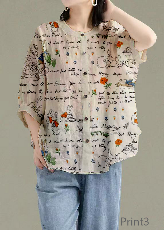 Art Print3 O-Neck Button Linen Loose Shirt Top Lantern Sleeve