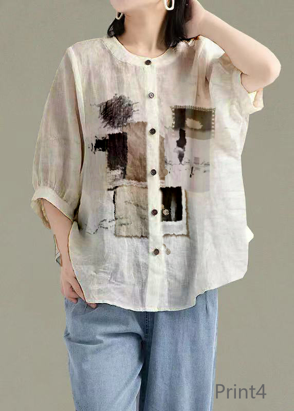 Art Print1 O-Neck Button Linen Loose Shirt Top Lantern Sleeve