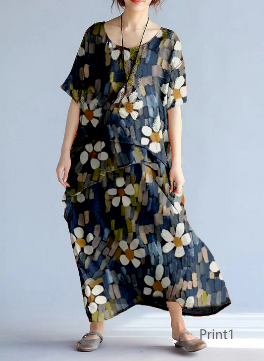 baggy Print1 long linen dresses oversized layered cotton maxi dress vintage short sleeve cotton clothing