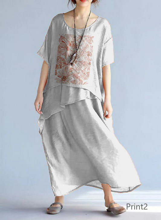 baggy Print2 long linen dresses oversized layered cotton maxi dress vintage short sleeve cotton clothing