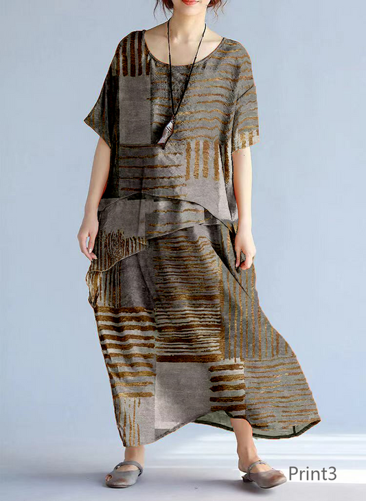 baggy Print3 long linen dresses oversized layered cotton maxi dress vintage short sleeve cotton clothing