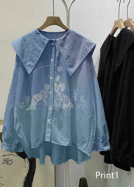 Bohemian Print1 Peter Pan Collar Button asymmetrical design Fall Long sleeve Top