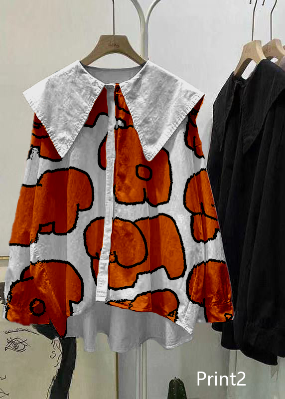 Bohemian Print4 Peter Pan Collar Button asymmetrical design Fall Long sleeve Top