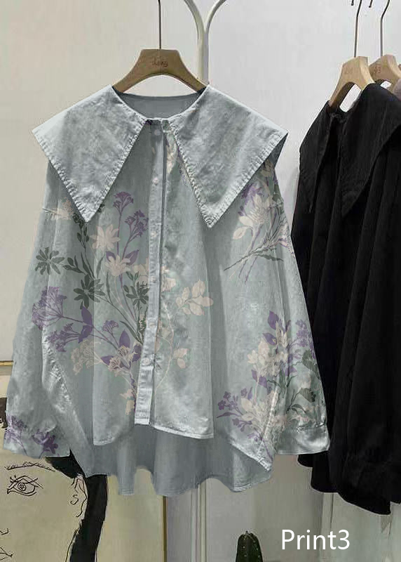 Bohemian Print1 Peter Pan Collar Button asymmetrical design Fall Long sleeve Top