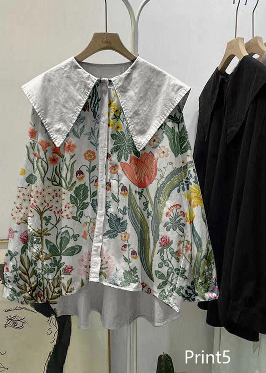 Bohemian Print5 Peter Pan Collar Button asymmetrical design Fall Long sleeve Top