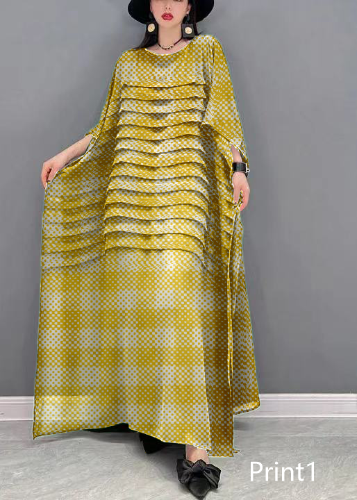 Grace Print2 O-Neck Striped Chiffon Ankle Dress Batwing Sleeve