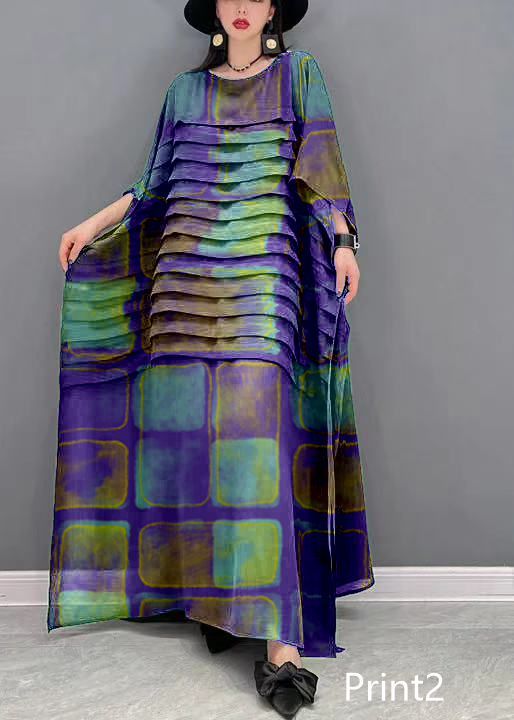 Grace Print3 O-Neck Striped Chiffon Ankle Dress Batwing Sleeve