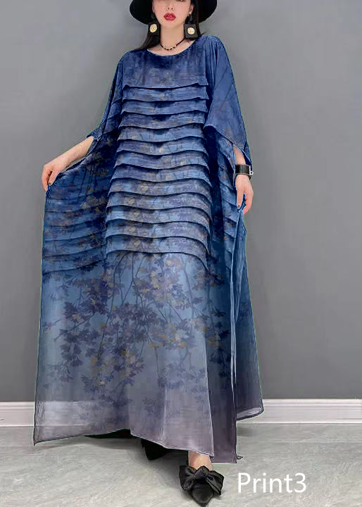 Grace Print1 O-Neck Striped Chiffon Ankle Dress Batwing Sleeve
