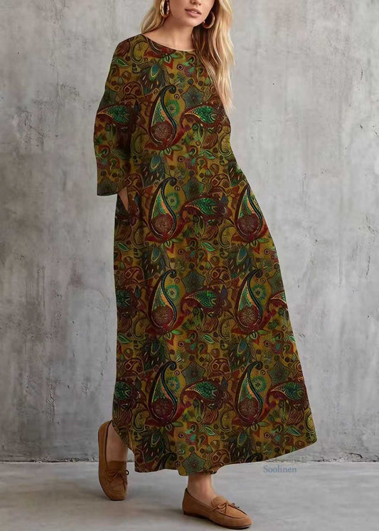 Plus Size O Neck Print Cotton Long Dresses Summer