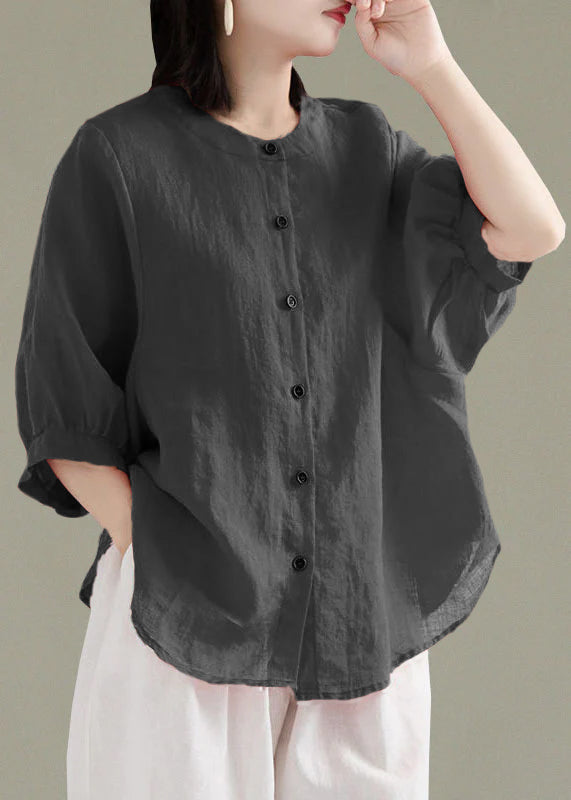 Art Print4 O-Neck Button Linen Loose Shirt Top Lantern Sleeve